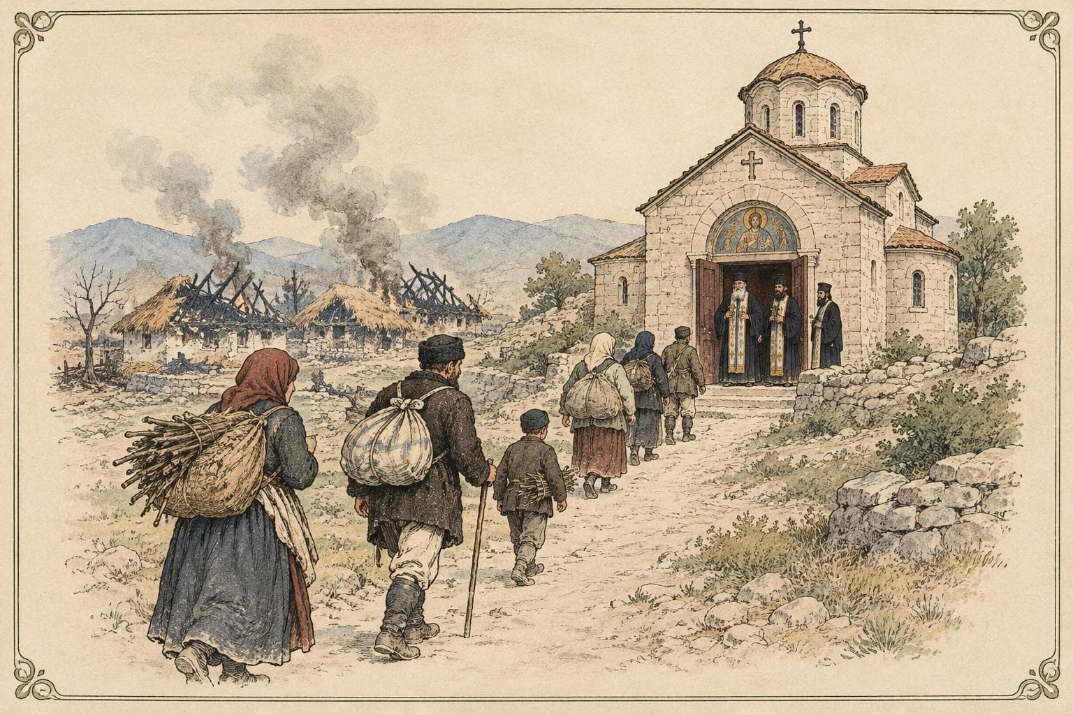 Villagers carrying bundles walk along a dusty highland road toward a stone Orthodox church, where robed priests wait at the open doors, with burned thatched huts smoking behind.