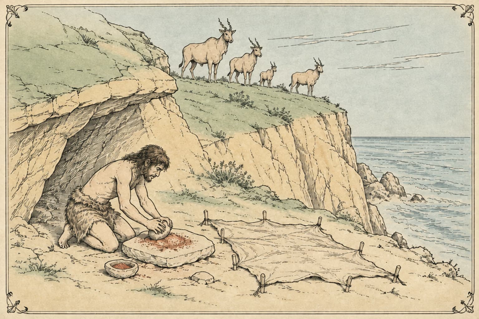 An early human grinds ochre at a cliffside rock shelter while eland graze on the clifftop above