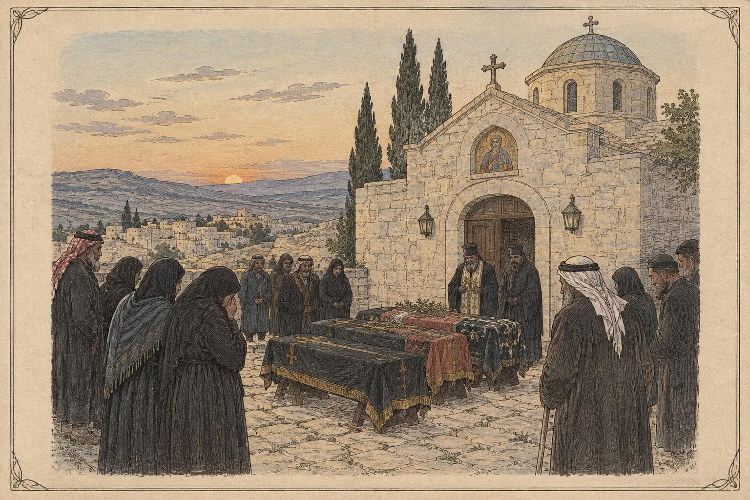 Mourners in dark clothing stand in the stone courtyard of a village Orthodox church in southern Jordan at dusk, with coffins covered in cloth before the church door.