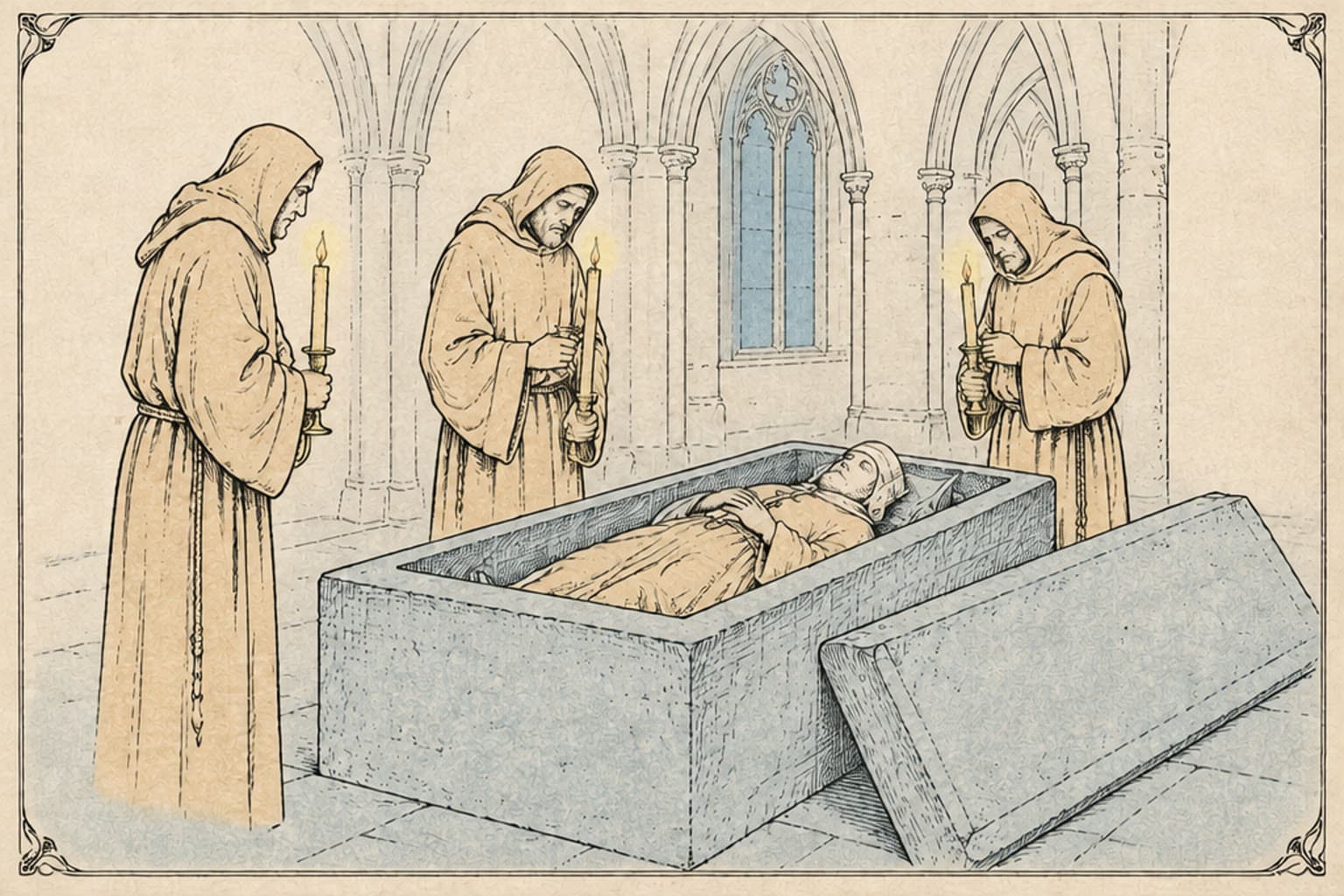 Three monks with candles stand over an opened Roman stone sarcophagus in Westminster Abbey
